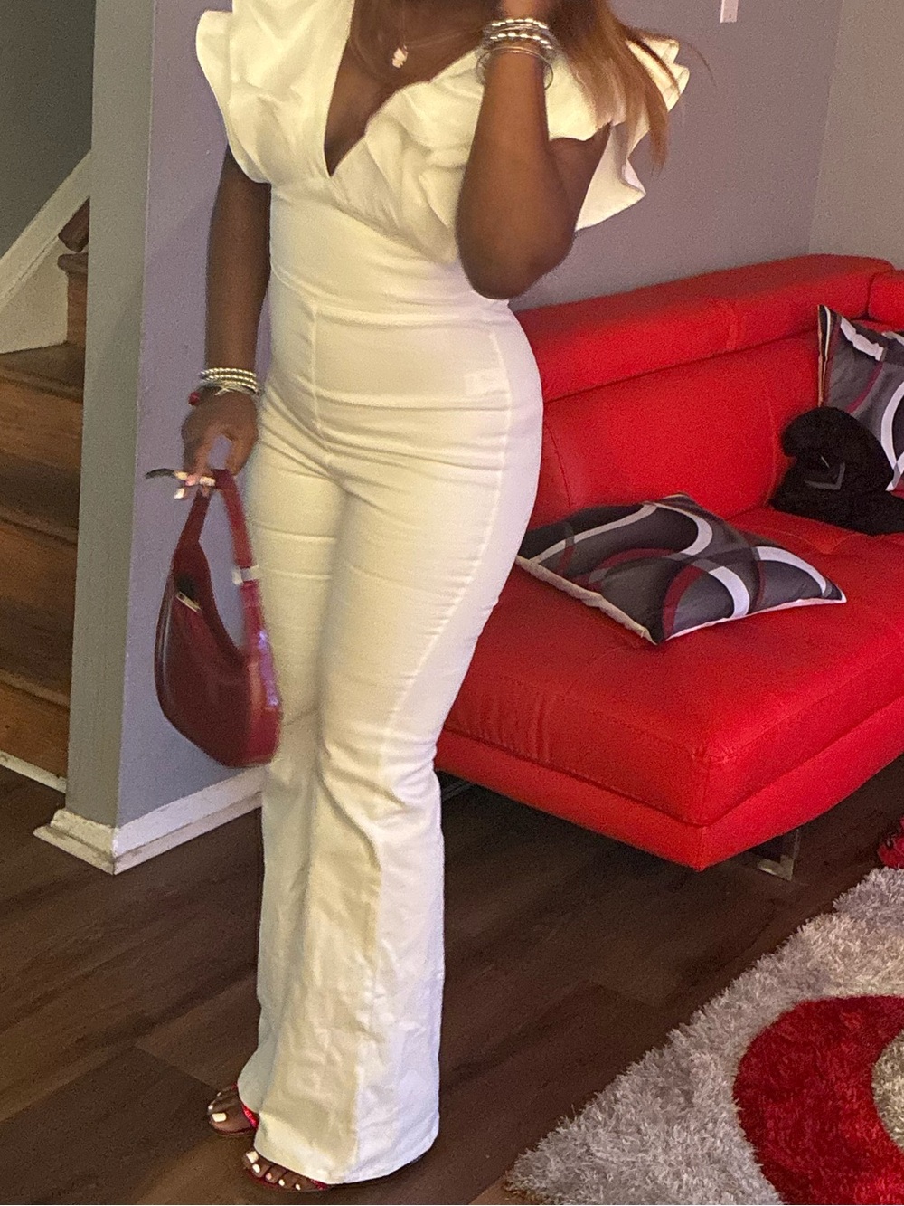 Women's Cream Ruffle-Sleeve Jumpsuit